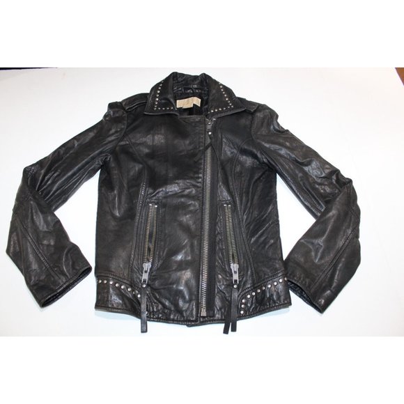 Michael Kors Leather Full Zip Studded Motorcycle Jacket Moto Biker Black Size XS - Picture 2 of 9